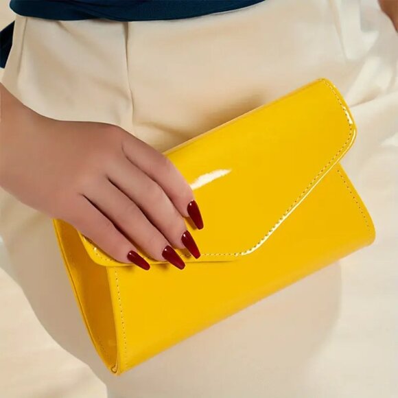 Handbags - Elegant Yellow Patent Leather Clutch Purse - Evening Bag with Chain for Women